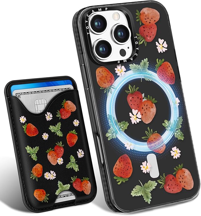 Toycamp for iPhone 15 Pro Max Case - Compatible with Magsafe Credit Card Holder Wallet Magnetic Girls Cute Girly Teens Kawaii Unique Strawberry Black Design Phone Cover for Apple 15 Promax 6.7"