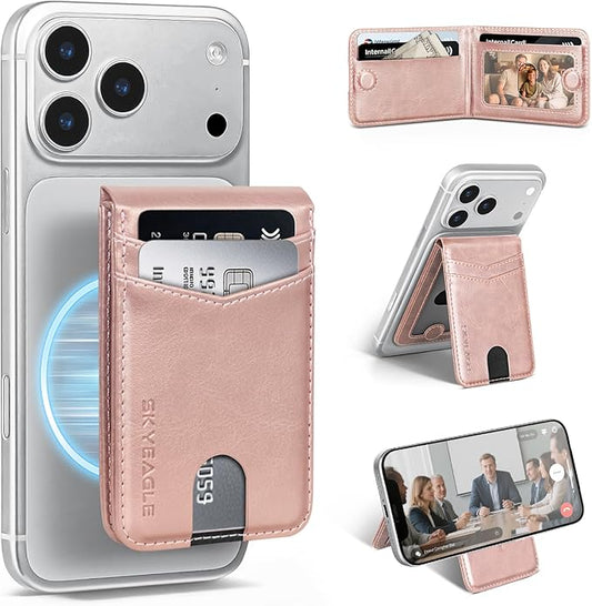 Compatible with Magsafe Case with Card Holder for Men Women Magnetic Ultra-Thin Wallet Bracket Adjustable Bracket for iPhone 17/16/15/14/13/12 Pro/Pro Max/PlusSeries,Rose Gold