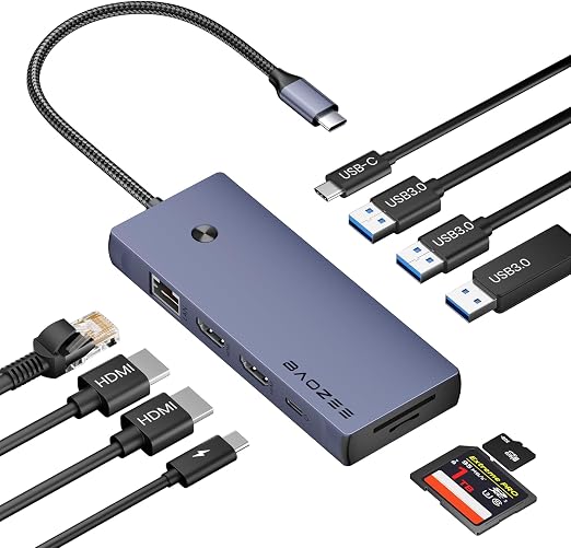 Laptop Docking Station Dual Monitor, 10-in-1 USB-C Hub with Dual HDMI 4K, Ethernet, PD 100W Charging, USB 3.0 USB-A and USB-C with 5Gbps Data Transfer, SD/TF Card Reader, for MacBook, and More