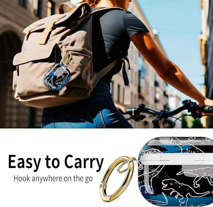 Cute Hard Case Compatible with AirPods Pro 3rd Generation Case (2025), Shockproof Protective Cover with Golden Keychain Ring Clip (Hand Drawn Dinosaur)