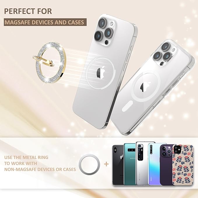 Magnetic Phone Ring Holder for MagSafe Cell Phone Grip Stand Finger Ring Stand Compatible with iPhone 17 16 15 14 13 12 Pro Max MagSafe Accessories Android. (Glitter Gold)