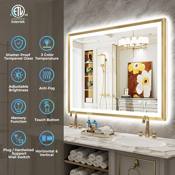 44x32 Gold Framed LED Bathroom Mirror with Lights, Backlit and Front Light, Lighted Bathroom Vanity Mirror for Wall Dimmable Anti-Fog Memory Tempered Glass Horizontal/Vertical