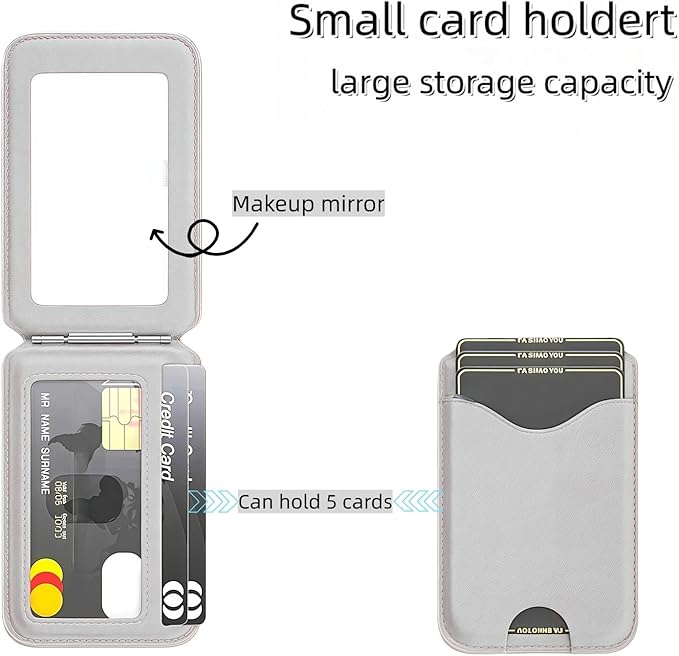 Upgraded for Magsafe Wallet, Strong Magnetic Phone Wallet with Adjustable Stand, Built in Makeup Mirror, 5 Card Holder, RFID Blocking (Grey Fold)