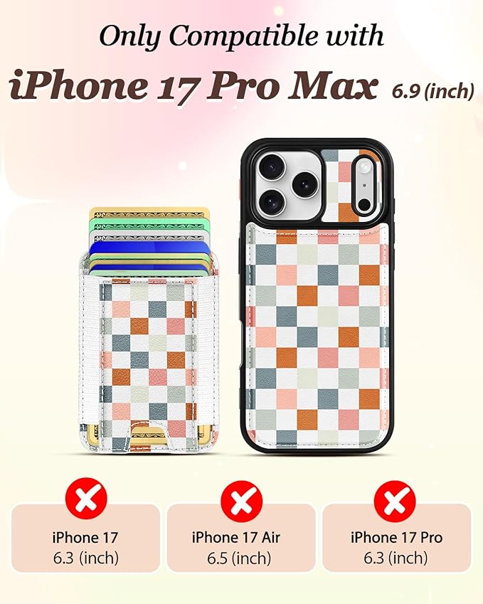 Shorogyt for iPhone 17 Pro Max Case Wallet - Fits 5 Cards, Compatible with Magsafe Detachable Magnetic Credit Card Holder Leather Cardholder Cute Phone Cover Women Girls for Apple 17 ProMax, Checkered