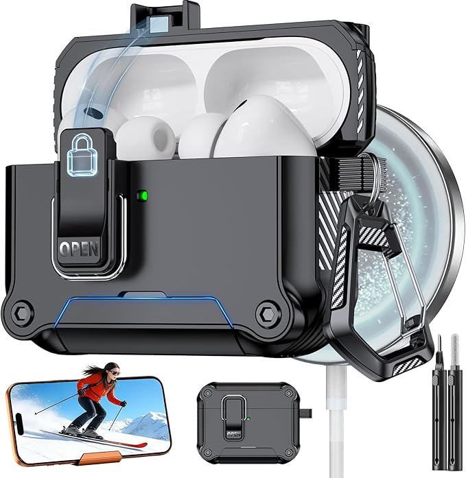 for AirPods Pro 3 Case with Lock,Automatic Snap Switch Design with Phone Stand，Accessories with Cleaning Pen/Keychain/Tool,Compatible with Magsafe(Black, AirPods Pro 3rd (2025))
