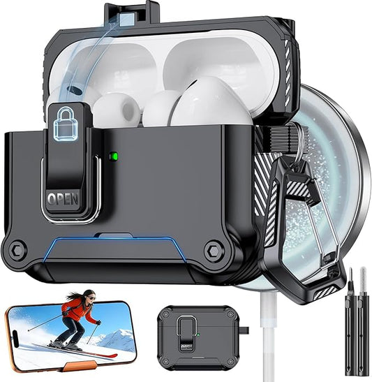 for AirPods Pro 3 Case with Lock,Automatic Snap Switch Design with Phone Stand，Accessories with Cleaning Pen/Keychain/Tool,Compatible with Magsafe(Black, AirPods Pro 3rd (2025))