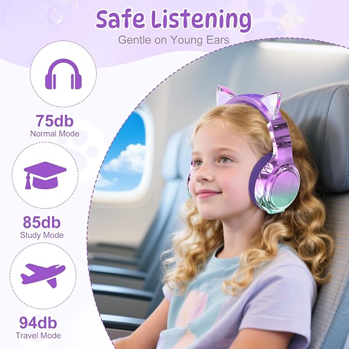 QearFun Kids Cat Ear Bluetooth Headphones, 60H Playtime, 74/85/94dB Safe Volume Limit, Metallic Gradient Wireless Headset with Mic, Fast Charging, Foldable, Wired Mode for Girls School/Tablet/Travel