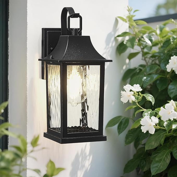 2-Pack Porch Light Fixture，Matte Black Outdoor Wall Sconce Light - 13" Rustproof Aluminum Exterior Lighting with Water Pattern Glass for Patio Yard House Hallway Doorway Garage