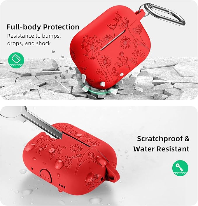 Lerobo Flower Engraved Cover Compatible with Airpod Pro Case Funny, Soft Silicone Protective Case for Airpods Pro 2nd 1st Generation Case USB C, Cute, Skin Frienfly, Front LED Visible, Red