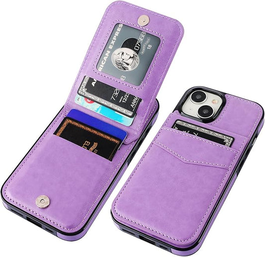 KIHUWEY Compatible with 15 Case Wallet with Credit Card Holder, Flip Premium Leather Magnetic Clasp Kickstand Heavy Duty Protective Cover for 15 6.1 Inch (Pruple) Purple