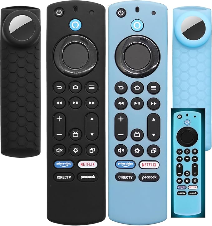 CT-RC1US-21 Remote Cover with Hole for Airtag and Tile Sticker (Glow in The Dark) for NS-RCFNA-21 Insignia/Toshiba Fir tv Remote,for TV Omni Series and TV 4-Series Remote (Glow Blue+Black)