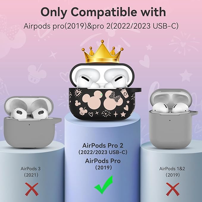 Compatible with Airpods Pro 2nd/1st Generation Case Cover with Keychain, Women Men Soft Silicone Two-Tone Cute Cartoon Engraved Convenience Protective Case, Front LED Visible Black/Pink