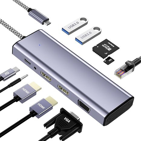 Docking Station Dual Monitor, USB C to Dual HDMI Adapter, 10 in 1 Laptop Docking Station 3 Monitors with HDMI/VGA/PD/Ethernet/USB/SD/TF/3.5mm Audio