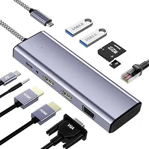 Docking Station Dual Monitor, USB C to Dual HDMI Adapter, 10 in 1 Laptop Docking Station 3 Monitors with HDMI/VGA/PD/Ethernet/USB/SD/TF/3.5mm Audio