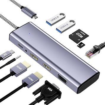 Docking Station Dual Monitor, USB C to Dual HDMI Adapter, 10 in 1 Laptop Docking Station 3 Monitors with HDMI/VGA/PD/Ethernet/USB/SD/TF/3.5mm Audio