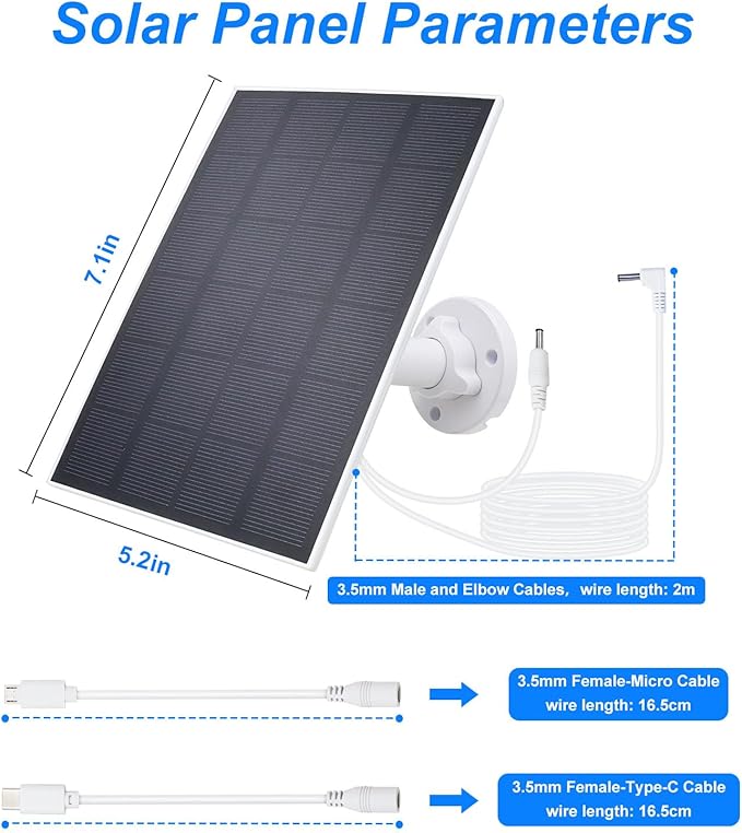 5V 3W Waterproof Solar Panel Charger for Outdoor Security Camera with DC 3.5MM Male and Elbow Cables & Type-C-Female Head & Micro-Female Head，360° Adjustable Bracket Wall Mount for Eufy Camera