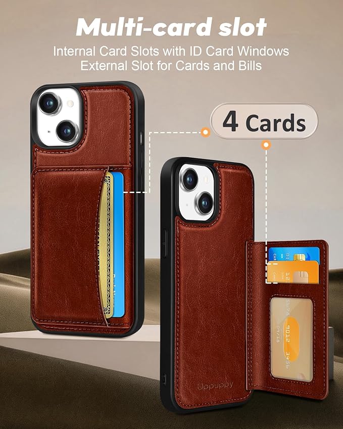for iPhone 15 Plus Case with Wallet - Fits 4 Card Slots, Compatible with MagSafe for Women Men Durable PU Leather Credit Card Holder Kickstand Phone Cover for Apple 15 Plus, Brown