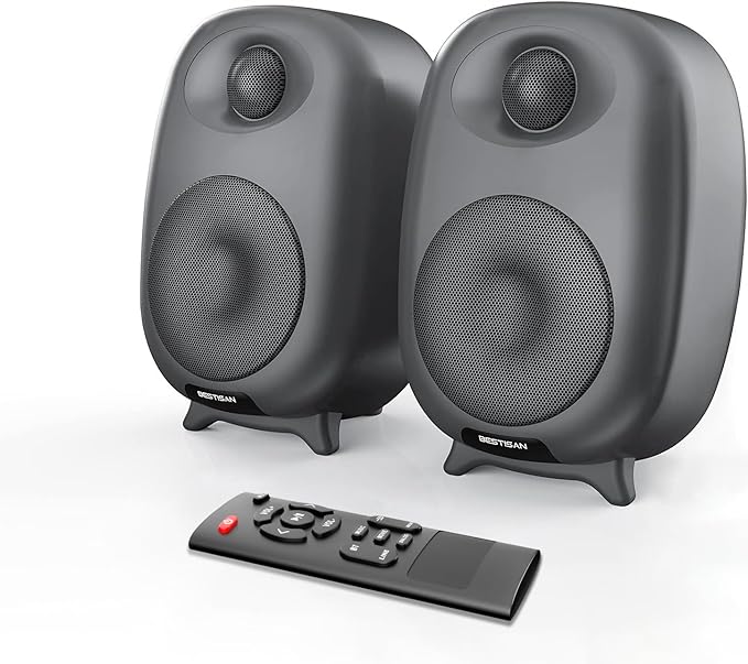 BESTISAN Bookshelf Speakers, 60 Watt Powered Studio Monitor Speaker with Bluetooth 5.0 and Wired Optical Line in Input Port, Deep Bass, 3 Audio Mode Design (Gray)