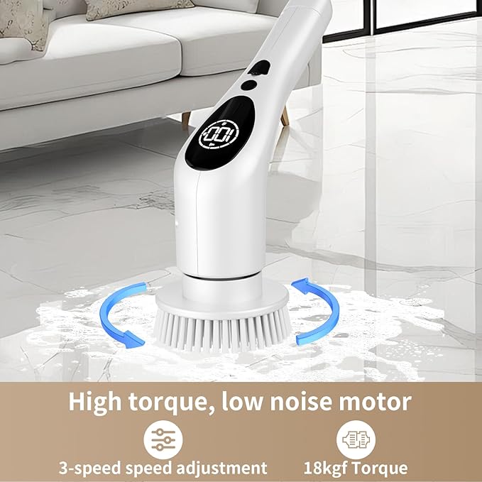 CenGoes Electric Spin Scrubber Cordless Cleaning Brush Shower Cleaning Brush with 9 Replaceable Brush Heads Long Handle Shower Cleaner Brush for Bathroom, White, TD-8136
