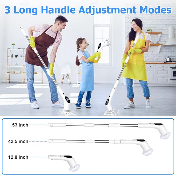 Electric Spin Scrubber, Cordless 3 Speeds Cleaning Brush 430 RPM, Adjustable/Detachable Long Handle, Shower Scrubber for Bathroom, Car, Floor, Shower Cleaning Brush with 9 Replaceable Brushes (White)