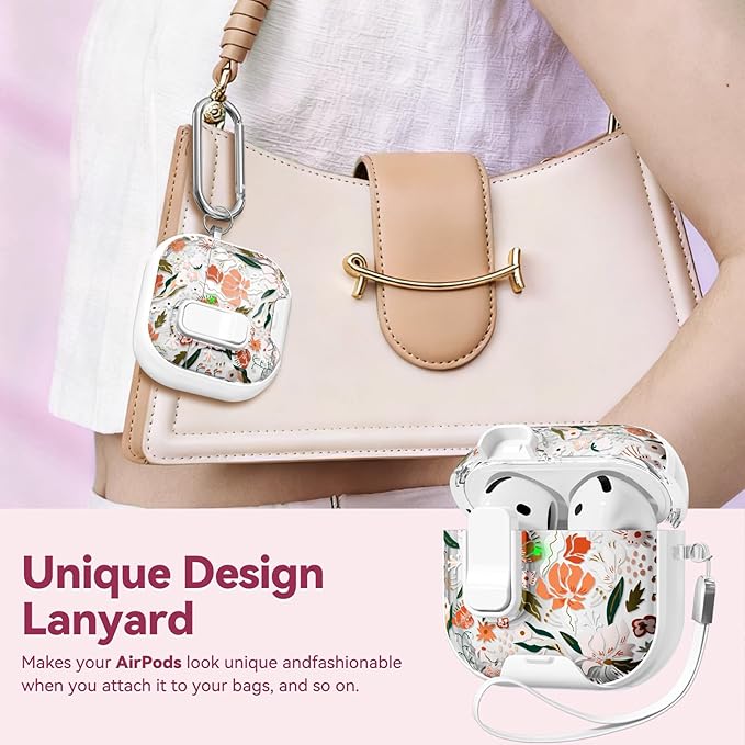 with Safety Lock for Apple AirPods 4 Case,Clear Floral Cute AirPod 4th Generation Case with Phone Stand & Cleaning Kit for Women Girly-Orange Flower