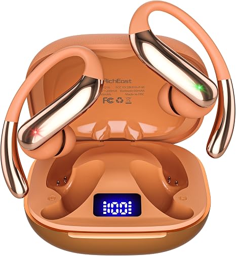 Active Noise Cancelling Earbuds Wireless Earbuds Bluetooth 6.0 Headphones, Hi-Res Audio Clear Calls Earphones with Over Ear Hooks for Running Gym Workout Travel Orange