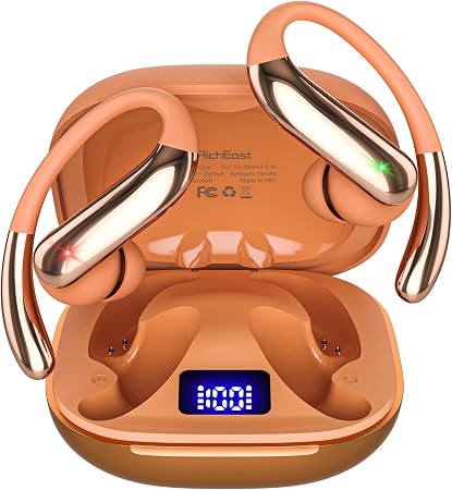 Active Noise Cancelling Earbuds Wireless Earbuds Bluetooth 6.0 Headphones, Hi-Res Audio Clear Calls Earphones with Over Ear Hooks for Running Gym Workout Travel Orange