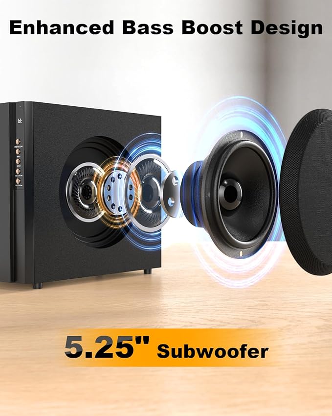 Bobtot Home Theater Systems with 5.25 inch Subwoofer, 5.1 Wired Satellite Surround Sound Speakers, 600 Watts Peak Power Deep Bass Audio Stereo System with FM Radio Bluetooth AUX DVD USB SD Input