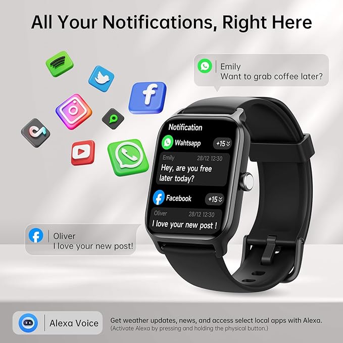 Tensky Smart Watch for Men/Women, 1.85'' HD Activity Smartwatch for Android/iPhone/Samsung/(Bluetooth Call), Alexa Built-in, 100+ Sport Modes Fitness Digital Tracker, Sleep/Heart Rate/SpO2 Monitor