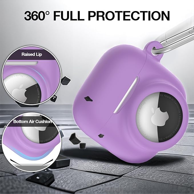 2 in 1 Silicone Case Compatible with AirPod 4 and AirTag 2/1, Shockproof Protective Skin Cover for AirPods 4th Generation with Cleaner Kit & Carabiner (Purple)