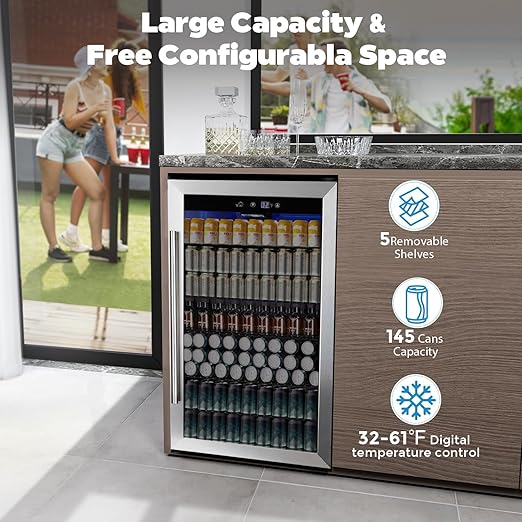 COWSAR 4.5 Cu.Ft Wine Fridge 37 Bottle, ETL Approved Freestanding Wine Cooler 145 Can Beverage Refrigerator with Stainless Steel Reversible Glass Door, Drink Fridge for Home Bar, Kitchen, Game Room