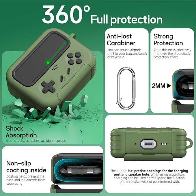 Inesore for Airpods Pro 3 Case Cover with Cleaner Kit,with Lock for Airpod Pro 3 (2025),Classic Cool Funny Game Console Hard Air Pods Pro 3 Case for Men Boy(Military Green)