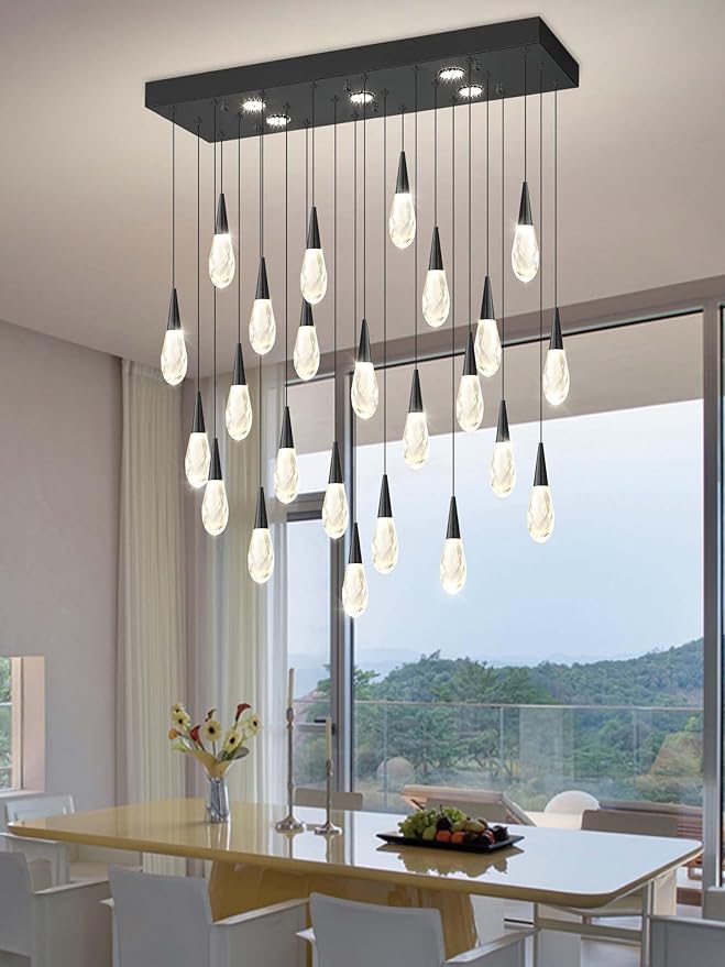 Rectangular Chandelier 24-Lights LED Dimmable Raindrop Chandeliers for High Ceiling Large Chandelier Light Fixture Black High Ceiling Pendant Lights for Villa Living Room Staircase