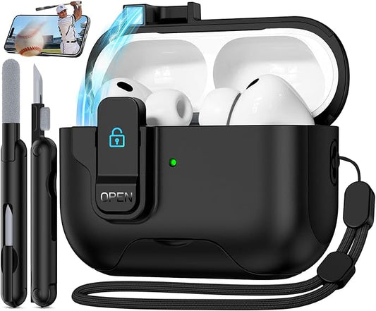 Compatible with AirPods Pro 3 2025 Case with Phone Stand & Cleaning Kit,Magnetic Automatic Lock Design Cover for Air pods Pro 3rd-(Black)
