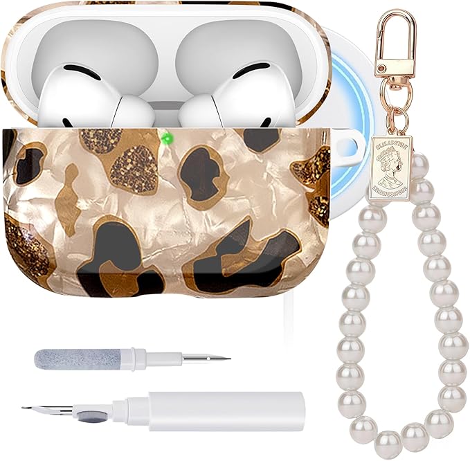 MGES Leopard Print Case for Airpods Pro 3,with Pearl Wristlet Keychain & Cleaning Kit,Compatible with MagSafe,TPU Shockproof Cover for 2025 Airpods Pro 3rd Generation,Easy to Carry-Leopard Print