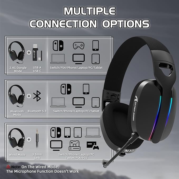 Attack Shark L90 Ultralight RGB Wireless Gaming Headset with Plug-in Microphone,Bluetooth 5.3 & 2.4G Wireless & Wired Headphone, 7.1 Surround Sound for Xbox One Series, PS4,PS5 & PC (Black)