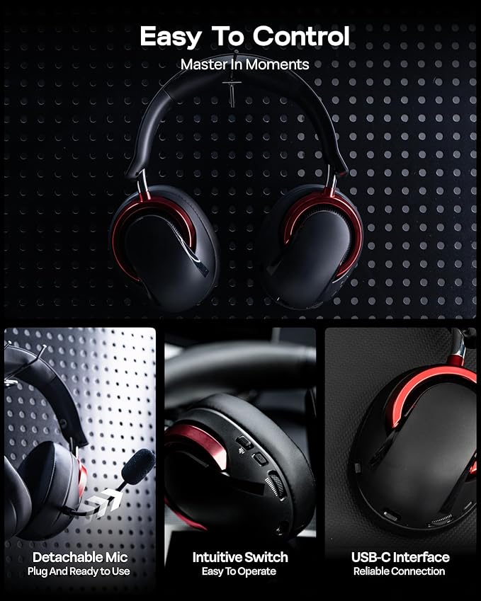 MechLands Aula A700 Wireless Gaming Headset with 7.1 Surround Sound, 50mm Driver, 2.4GHz/BT/Wired, Gaming Headphone with Noise Canceling Mic, RGB Light, 40H Battery, for PS4/PS5/PC/Switch (Black Red)
