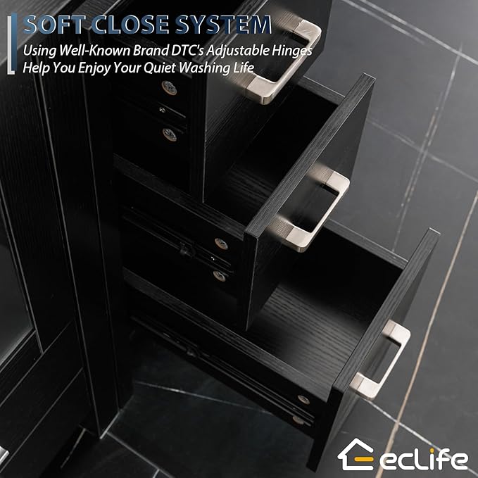 eclife 84" Modern Bathroom Vanity Sink Combo Freestanding Cabinet with Small Side Cabinet, Turquoise Square Glass Vessel Sink, Water Save Faucet, Drain (Black+A10)