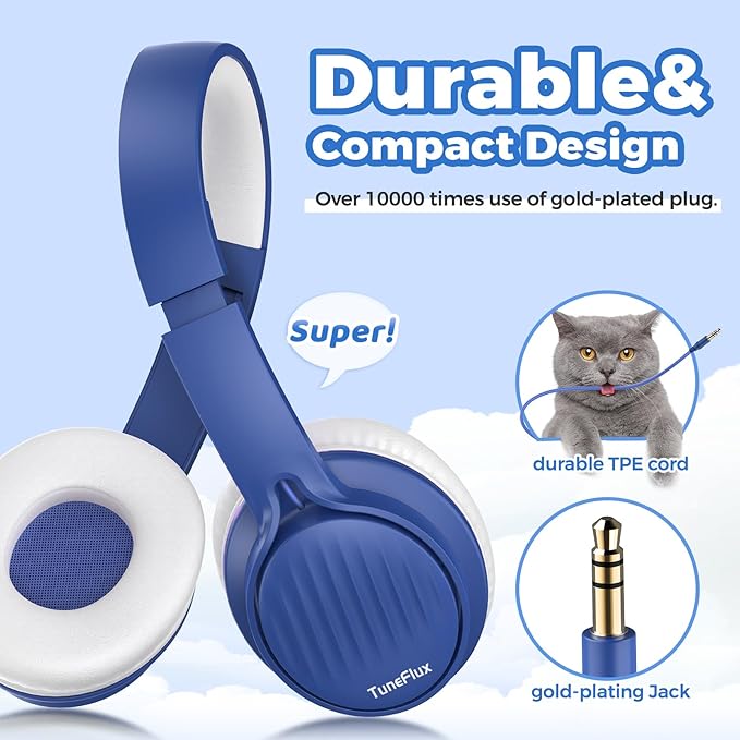 TuneFlux Upgraded Kids Headphones, Wired Toddler Headsets, 85dB Limited Volume On Ear Headphones, Portable Foldable Design, Stereo Sound Kids Headsets for School/Tablet/Travel-Sapphire Blue