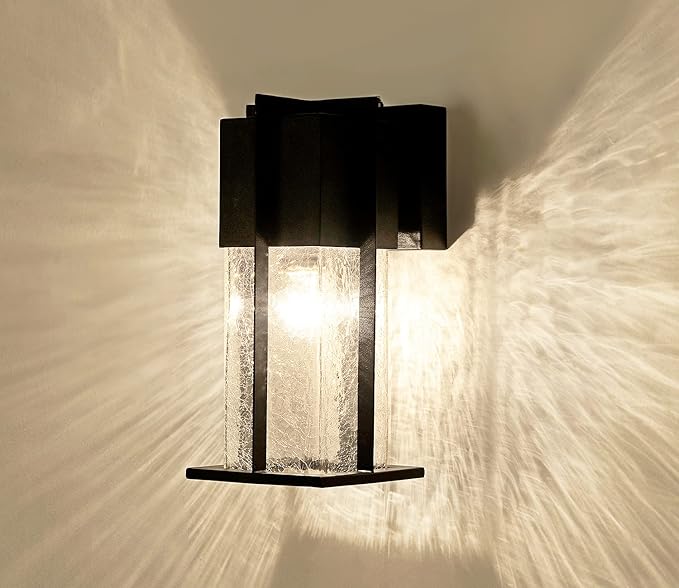 Dusk to Dawn Wall Light, Modern Outdoor Wall Lighting with Crackle Glass, Exterior Wall Mount Light Fixture with Sensor, Outdoor Lights for House, Garage, Front Door Light, Black