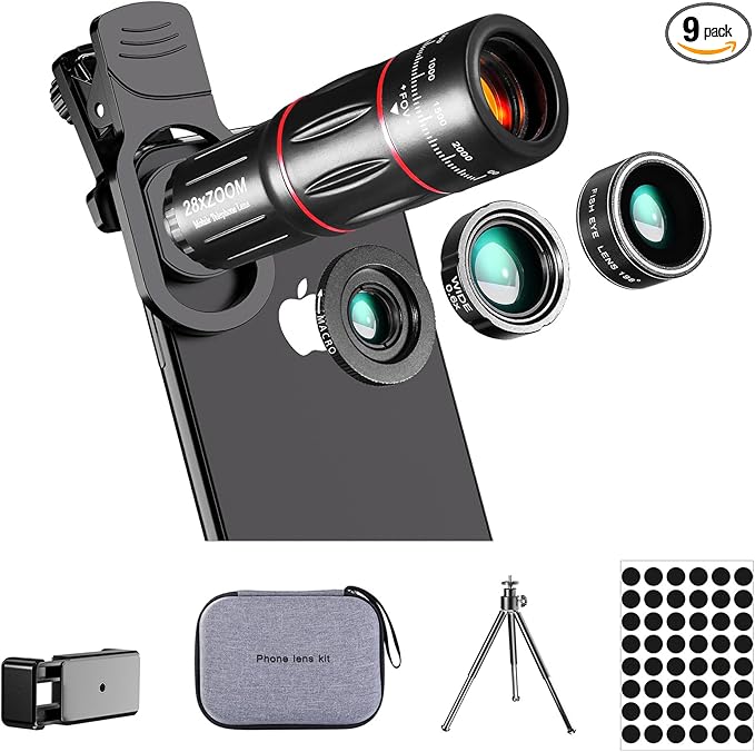 Phone Camera Lens Kit Upgraded Version Telephoto 28X Wide Angle 0.6X Macro 20X Fisheye 198° for Most Smartphones (Black)