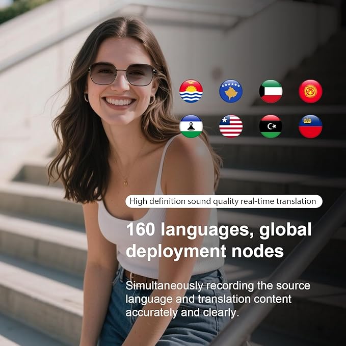AI Smart Glasses, Powered by GPT, Support 165+ Languages Translation, Multi-Functional Translator, Noise Reduction & Photochromic Lenses, Unisex Bluetooth Glasses for Work/Travel/Study