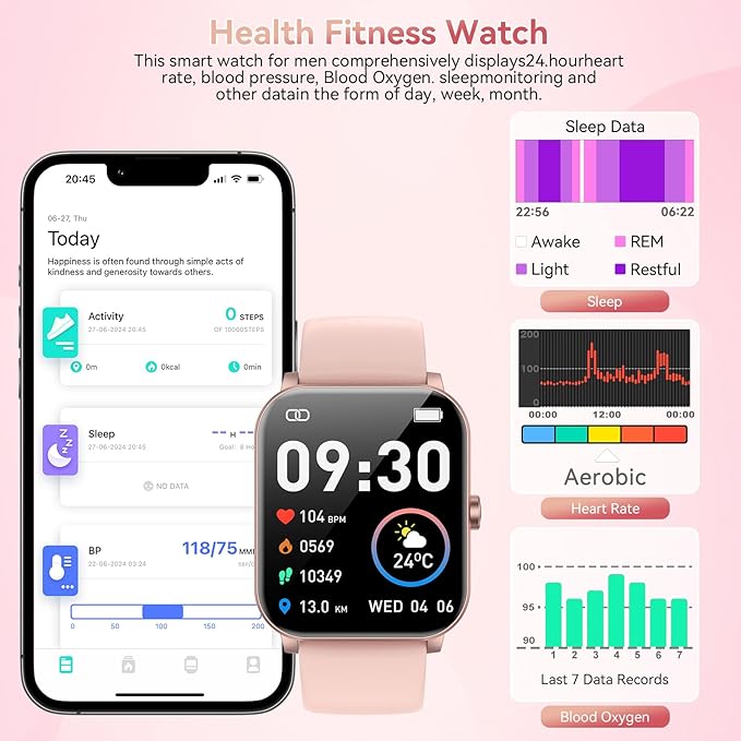Smart Watch for Men Women, 120+ Sports Modes, Bluetooth Calls/Messages, 1.85" HD Touch Screen, IP68 Waterpro of Fitness Tracker with Heart Rate/Sleep Monitor, Compatible with Android/iOS (Pink)