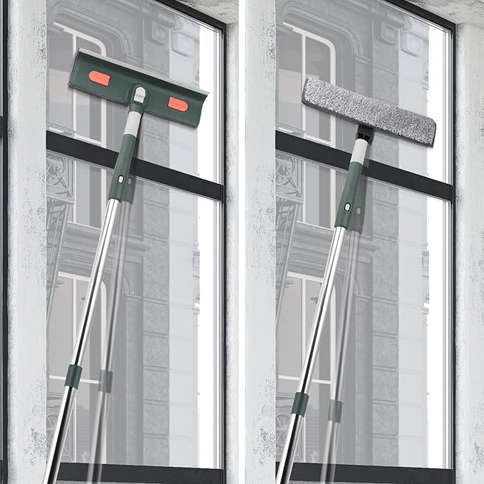 Window Squeegee with Scrubber, with Extendable 4 Section Stainless Steel Pole and 4 Microfiber Pads, for Glass, Shower, Floor, Outdoor High Window Cleaning Etc.