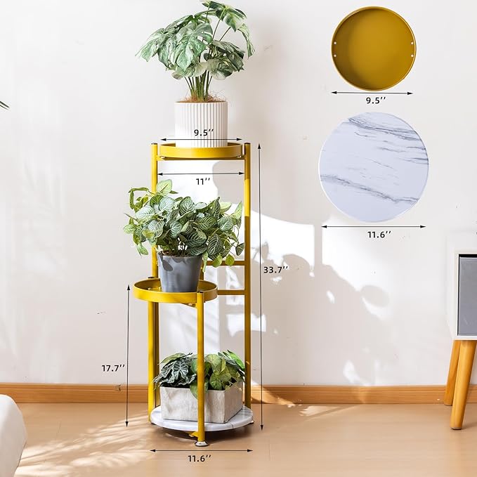 CHPHI Plant Stand Indoor Outdoor, 3-Tier Metal Flower Shelf Pot Holder , Corner Rack for Multiple Plants, Multiple Plants Rack Narrow Display Organizer for Patio Orchid Office Porch Living Room Garden (gold)