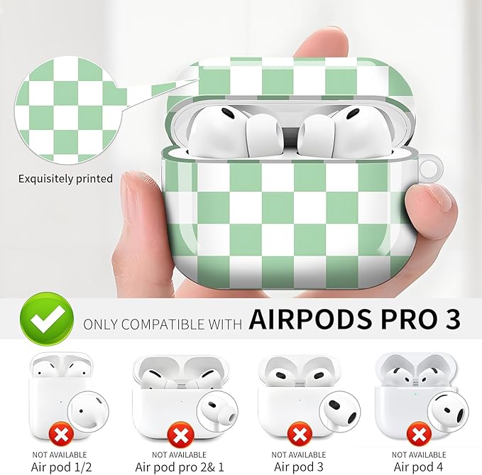Compatible with AirPod Pro 3 (2025),Cute Case Cover for Women & Men, Full Protection Shockproof Hard Case with Keychain, Wireless Charging Case Accessories(Green White Checkered)