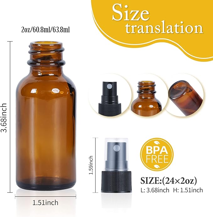 2oz Glass Spray Bottle, Fine Mist Boston Glass Bottles with Black Fine Mist Sprayer Small Clear Bottles for Essential Oils, Bath, Beauty, Hair & Cleaning, Amber, Pack of 24