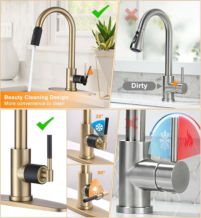Gold Kitchen Faucet -High Arc Single Handle Stainless Steel Kitchen Sink Faucet with Pull Down Sprayer- 3 Spray Modes，1.5GPM High Flow Modren Sink Faucets for Rv Farmhouse Bar