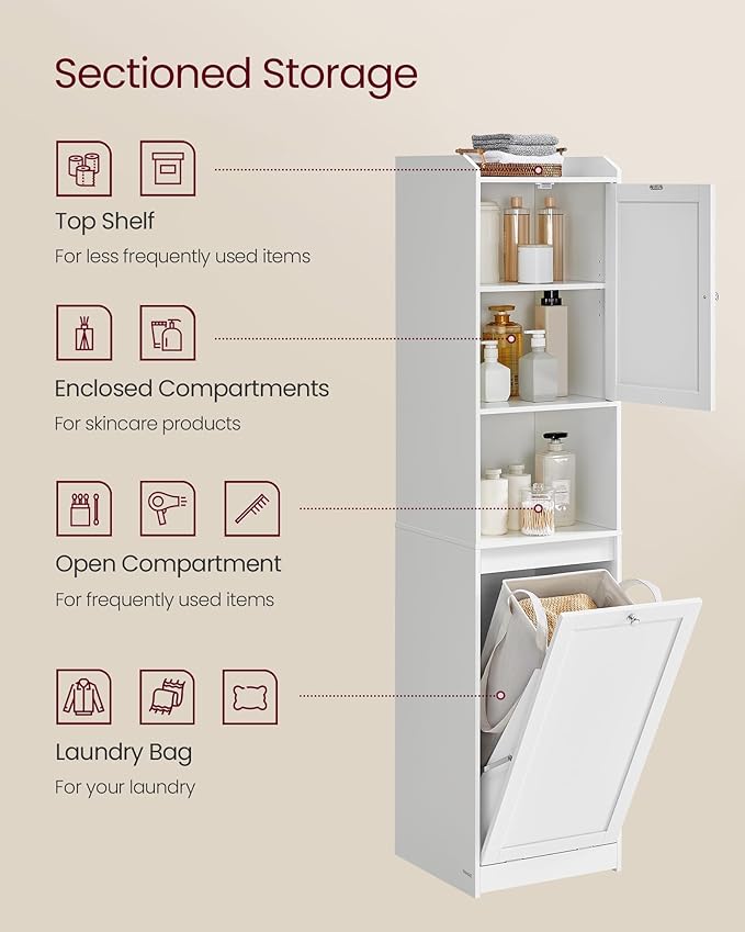 VASAGLE Tall Storage Cabinet, Storage Unit with Removable Laundry Basket, Compartment and Cabinet, for Bathroom, Living Room, 15.8 x 15.8 x 66.9 Inches, Cloud White UBBC761W01
