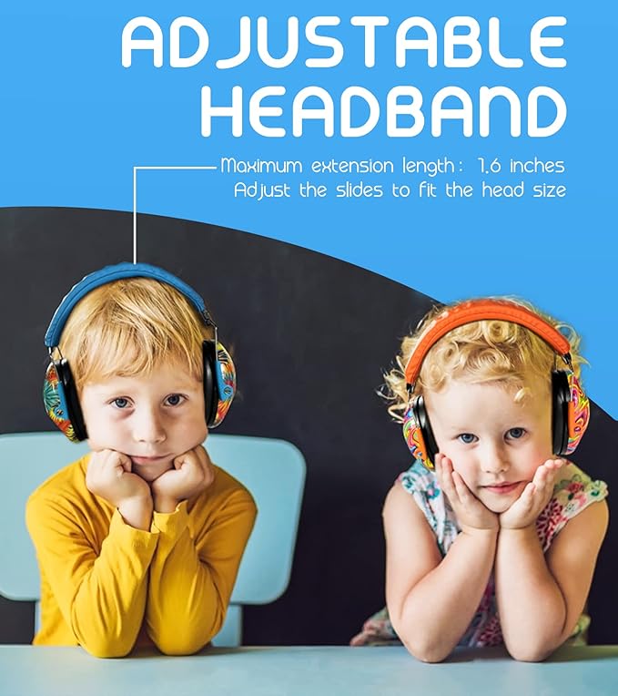 PROHEAR 032 2 Pack Kids Ear Protection, NRR 25dB, Adjustable Headband Safety Earmuffs for Sports Events, Concerts, Airports - Orange & Blue